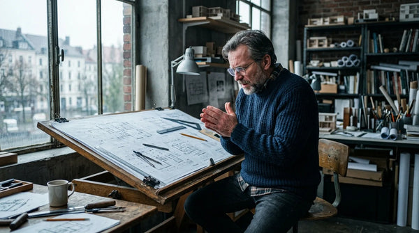 middle aged man rubbing cold hands together over a drafting table
