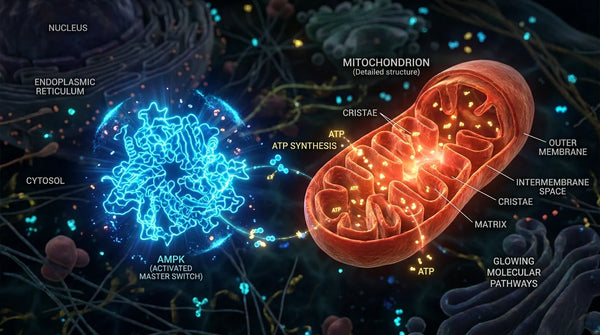 Cellular diagram showing AMPK activation pathway by berberine and metformin
