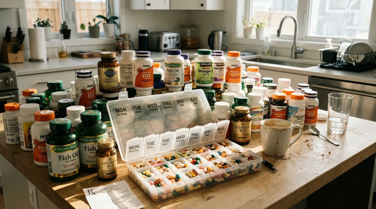 Massive pile of supplement bottles illustrating too many supplements pill fatigue