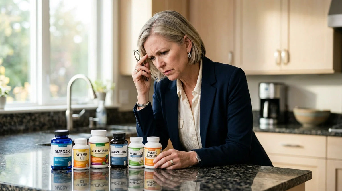 woman looking stressed at six different supplement bottles on counter