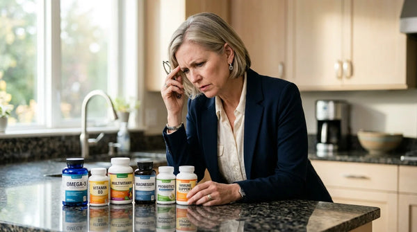 woman looking stressed at six different supplement bottles on counter