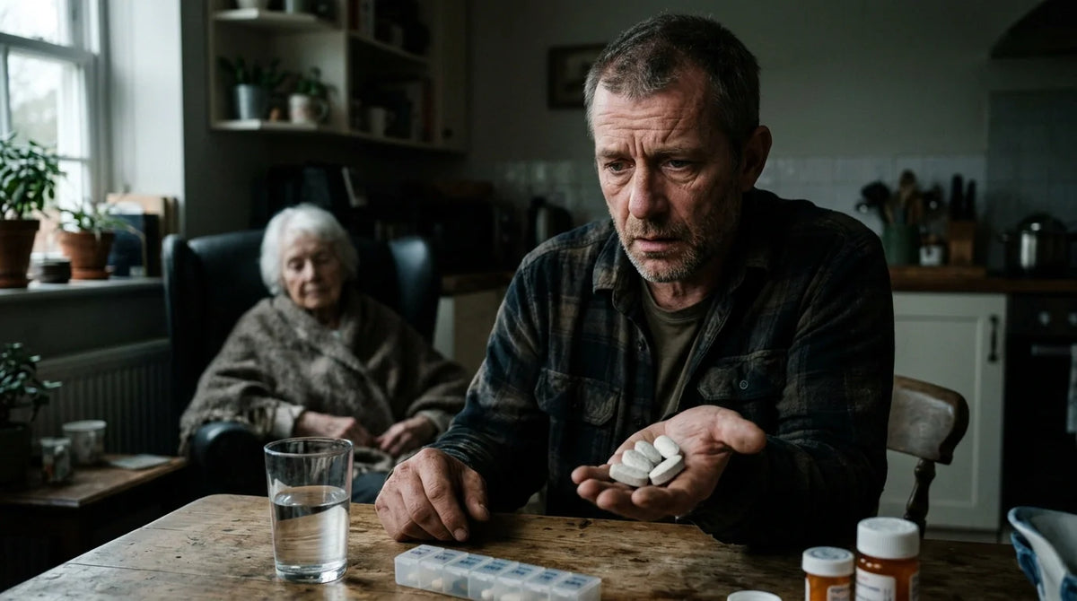 Anxious male caregiver looking at a handful of large supplement pills