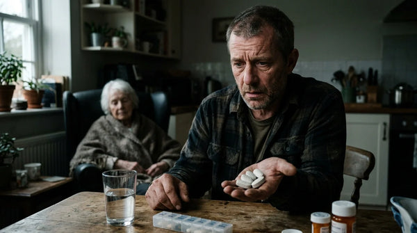 Anxious male caregiver looking at a handful of large supplement pills