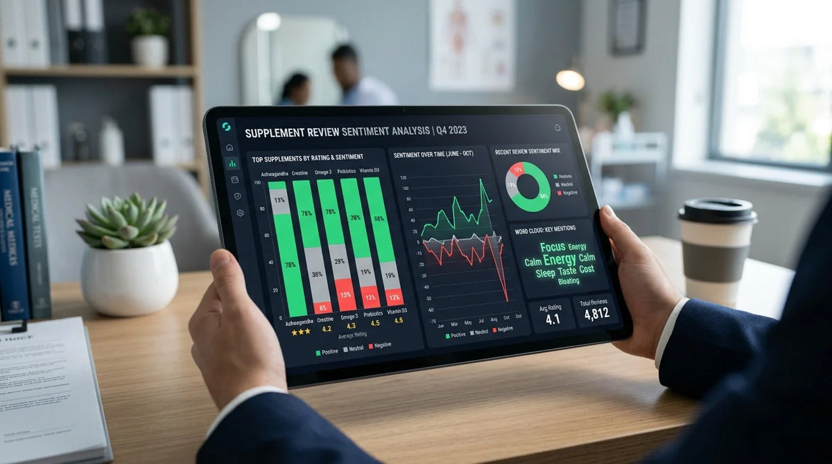 Data analyst reviewing circulation supplement reviews analysis on multiple digital screens