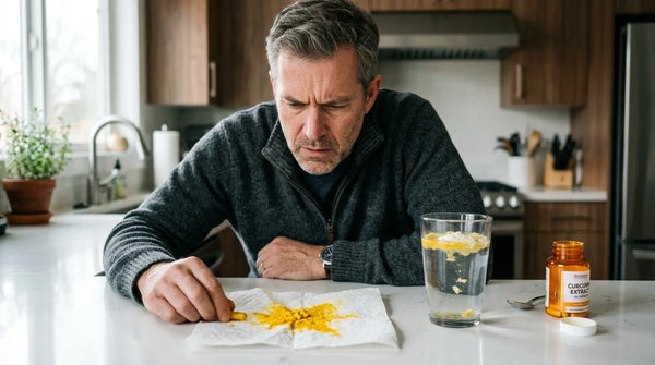 Man examining crushed supplement powder on paper towel exploring piperine benefits