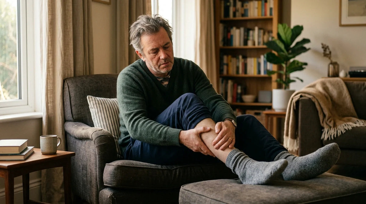 Man rubbing heavy legs circulation symptoms while sitting