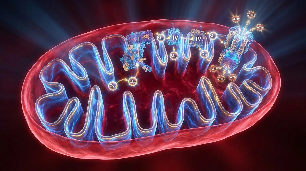 3D rendering of mitochondria producing ATP with CoQ10 in heart cells