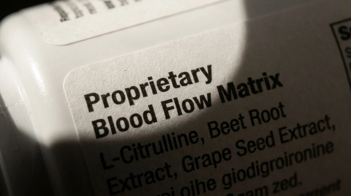 Supplement facts label showing a proprietary blend to hide ingredient transparency.