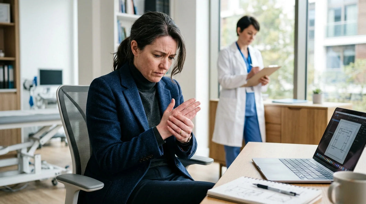Woman rubbing her freezing cold hands together in a doctor office