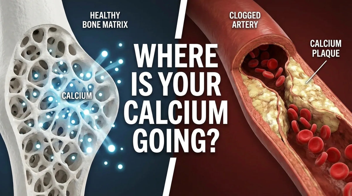 3D illustration of the Calcium Paradox showing calcium entering bones versus calcifying arteries