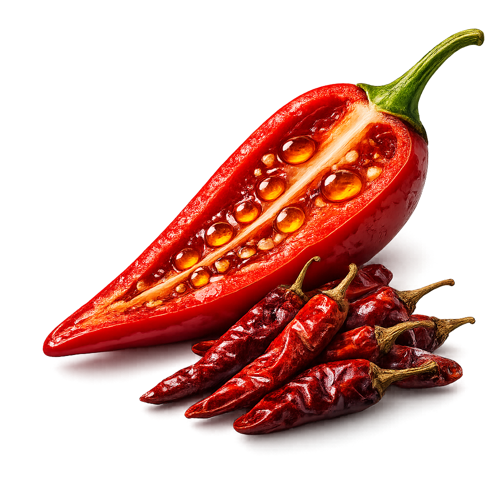 Red Cayenne Pepper, cut in a half with dry cayenne pepper aside