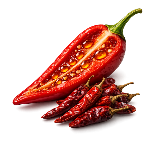 Red Cayenne Pepper, cut in a half with dry cayenne pepper aside
