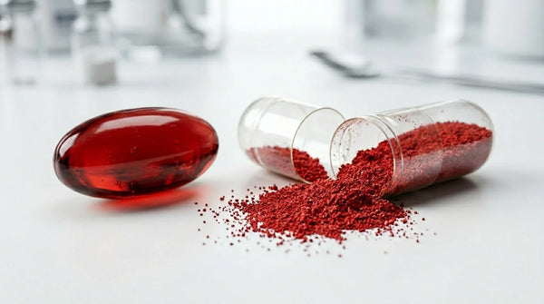 Side by side comparison of a clear liquid softgel and a dry powder capsule