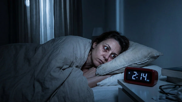 Stressed woman unable to sleep looking at her alarm clock at 2 AM