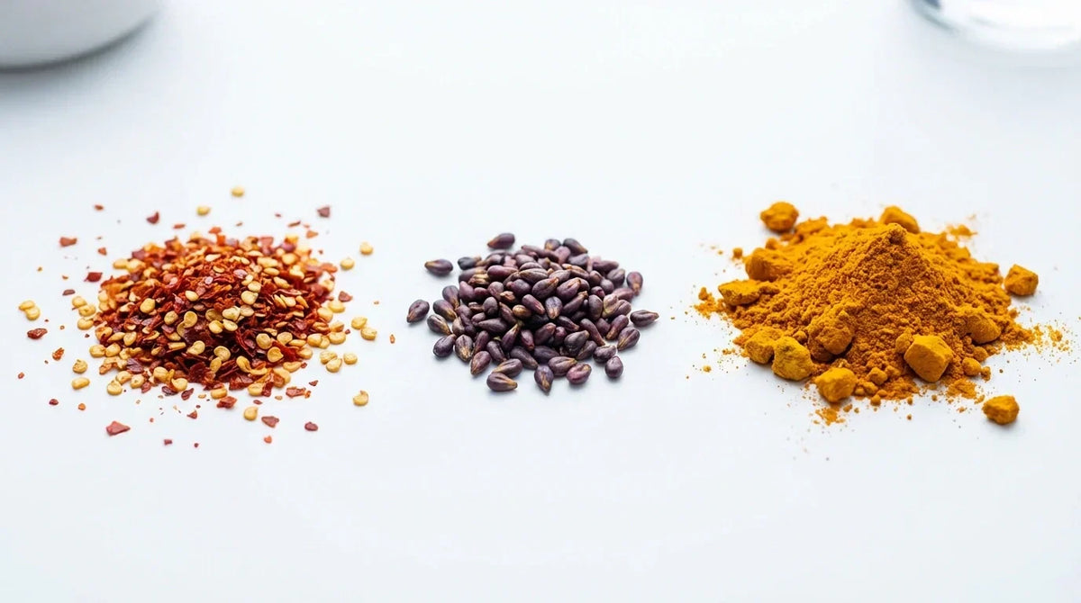 : High-quality macro photography of cayenne, grape seed, and curcumin extracts used in Trackaid.